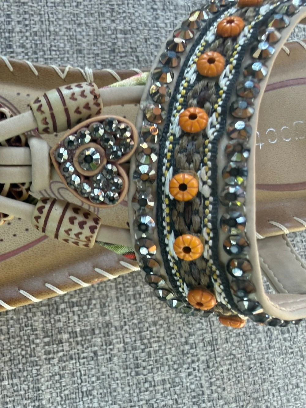 Beautiful Beige Embellished Women’s Sandals with Orange Bead Detail